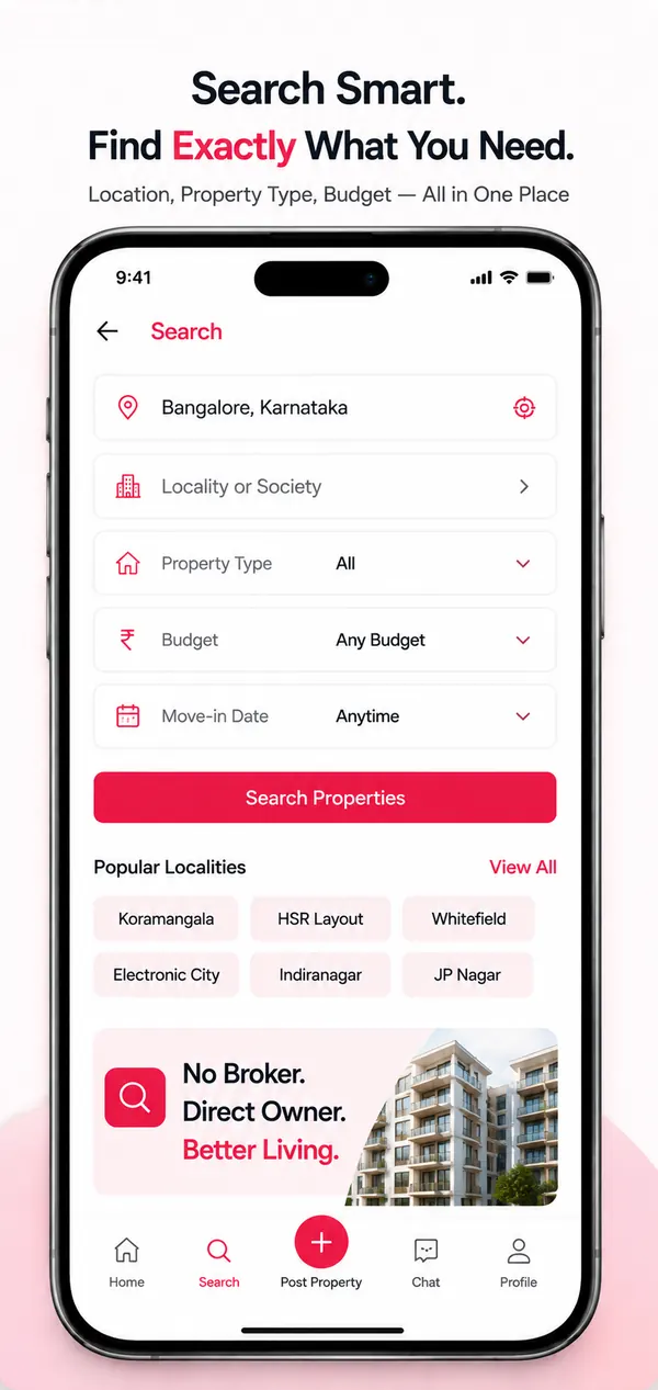 Toletforrent Google Play image: Search Smart, with the search screen for location, property type, budget and move-in date