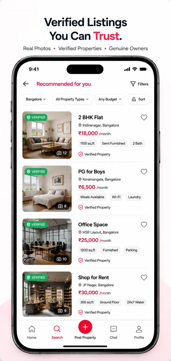 Toletforrent Google Play image: Verified Listings You Can Trust, with recommended listings in Bangalore