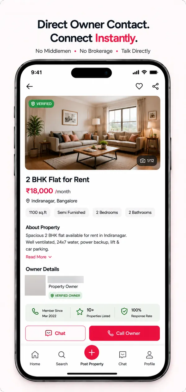 Toletforrent Google Play image: Direct Owner Contact, with a flat detail page and Chat and Call Owner buttons
