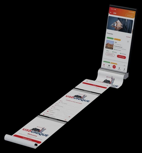 USD Unique: the app on a phone, its screens flowing out as one long sheet