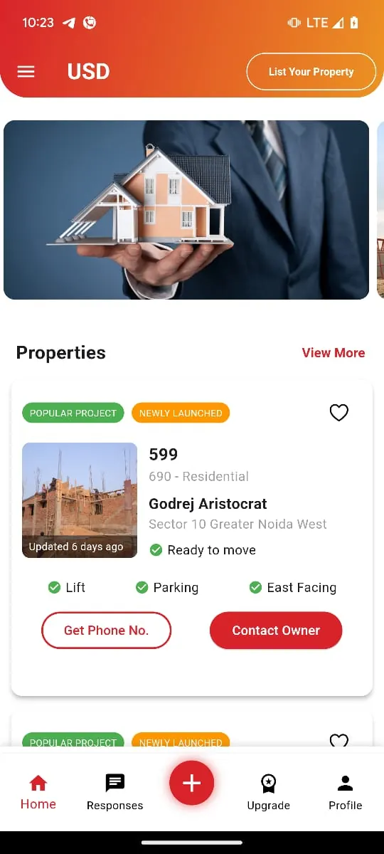 USD Unique app property feed: a listing with Popular project and Newly launched tags, amenities, and Get Phone No. and Contact Owner buttons