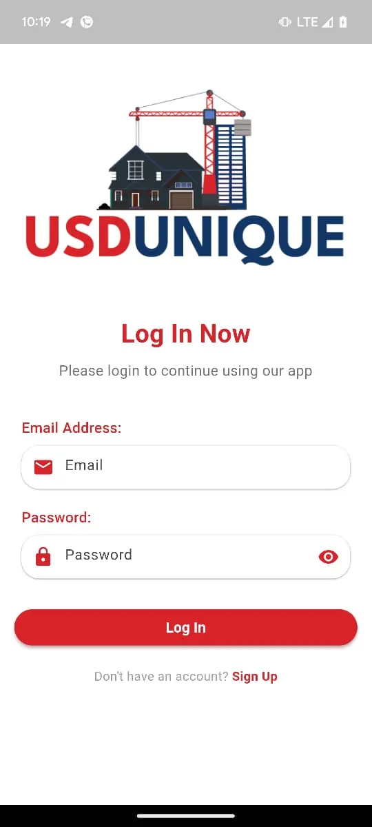 USD Unique app login screen with email and password fields