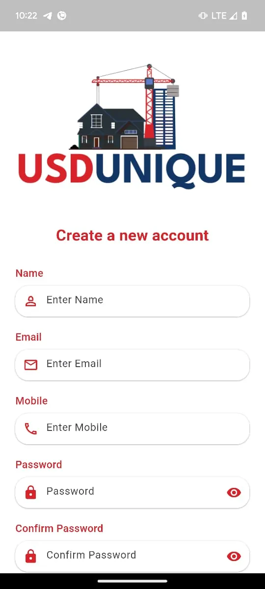 USD Unique app sign-up form with name, email, mobile and password fields
