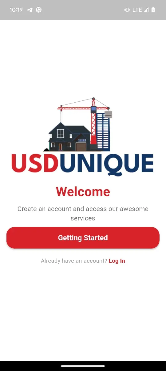 USD Unique app welcome screen with a Getting Started button