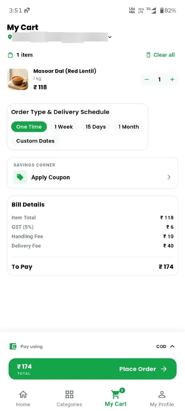 Veg King customer cart with a delivery schedule picker, coupon entry and an itemised bill