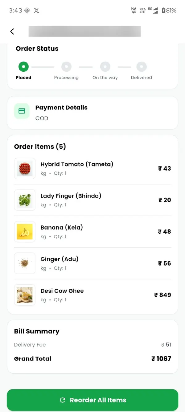 Veg King order detail with order status steps, cash on delivery payment and five ordered items