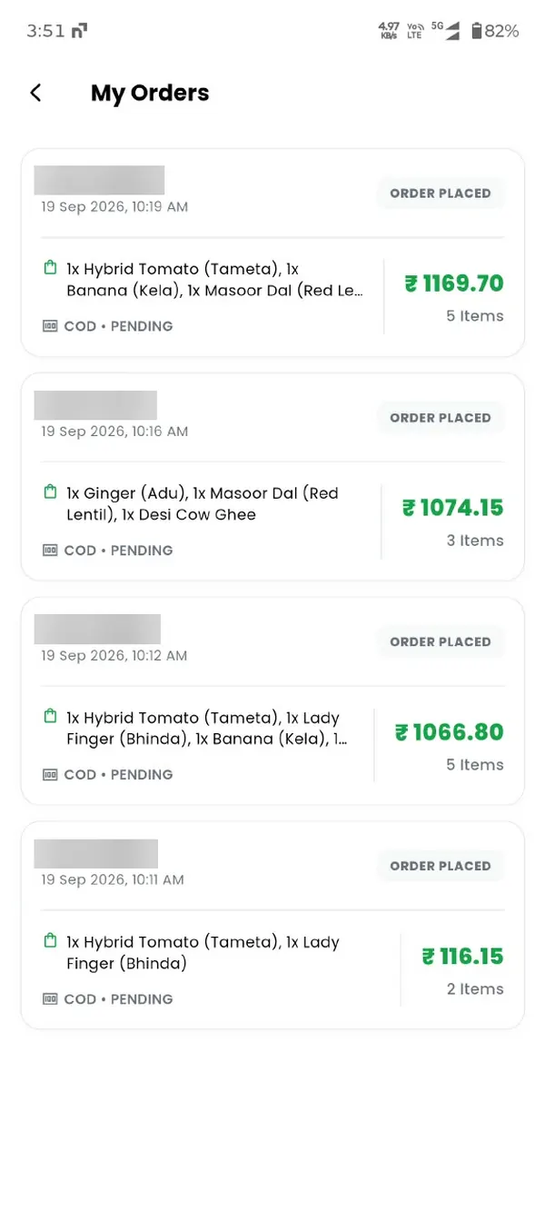 Veg King My Orders list with order dates, items, totals and pending cash on delivery status