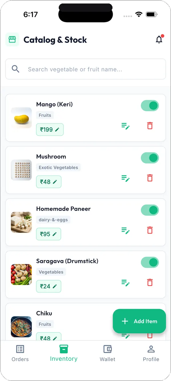 Veg King vendor Catalog and Stock screen with product prices and availability toggles