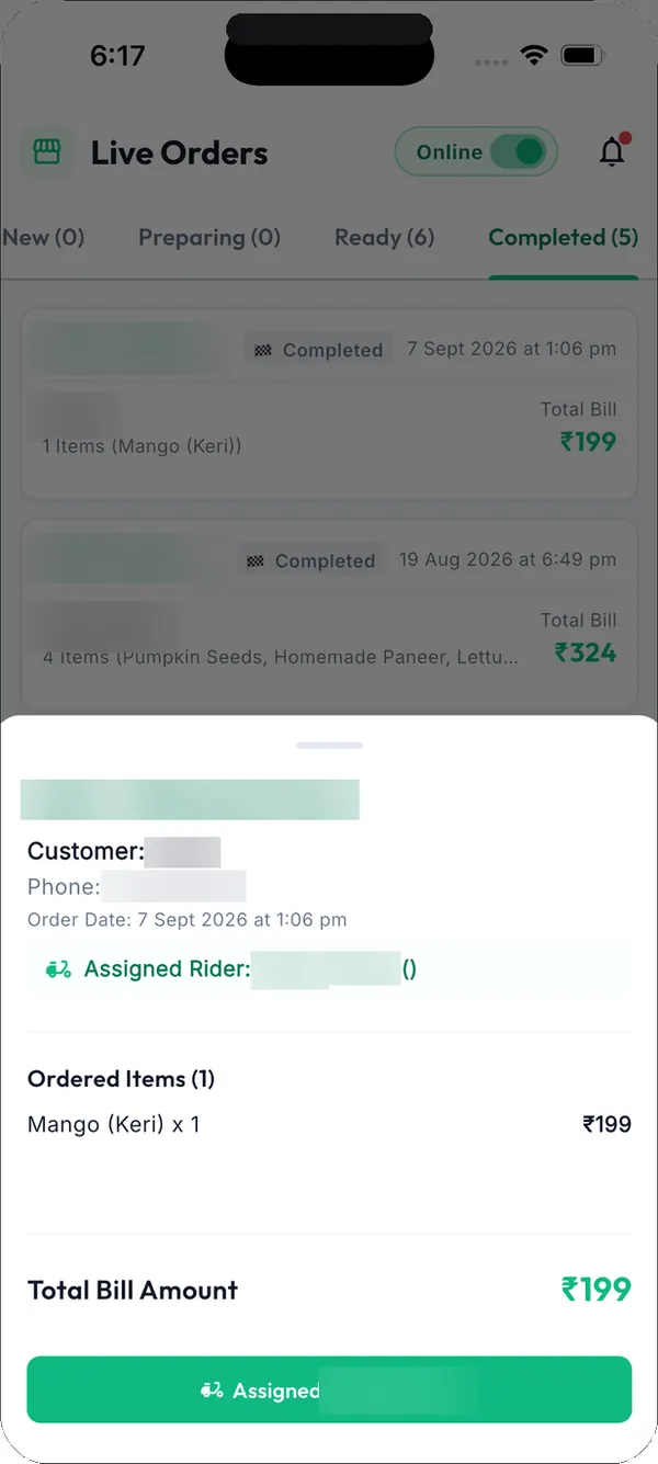 Veg King vendor live orders with an order detail sheet showing the items, total and assigned rider