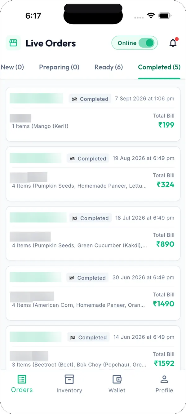 Veg King vendor completed orders list with dates, items and bill totals