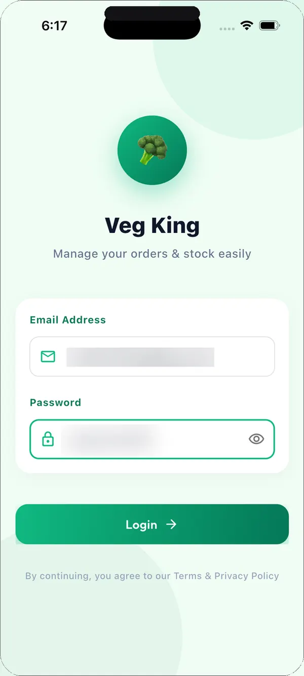 Veg King vendor app login screen with email and password fields