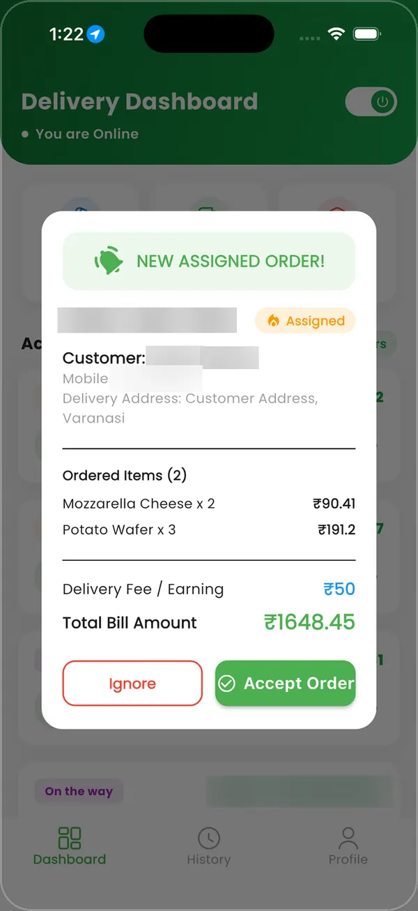 Veg King Rider dashboard with a new assigned order: ordered items, delivery fee and an Accept Order button